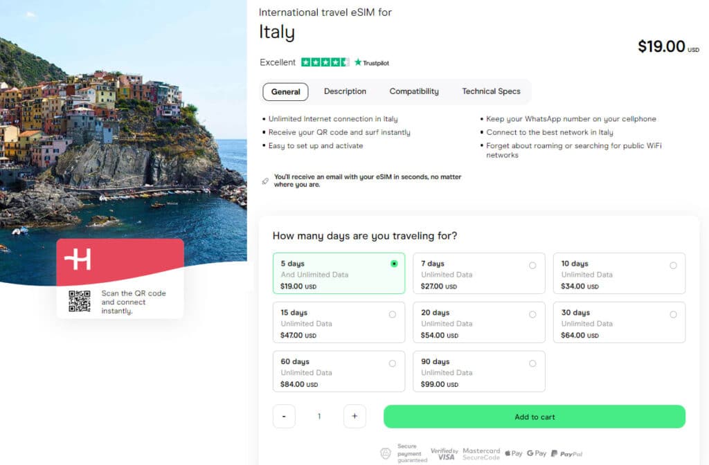 unlimited data virtual sim card for italy