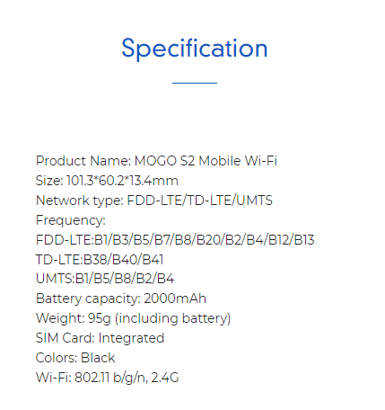MOGO S2 Specification