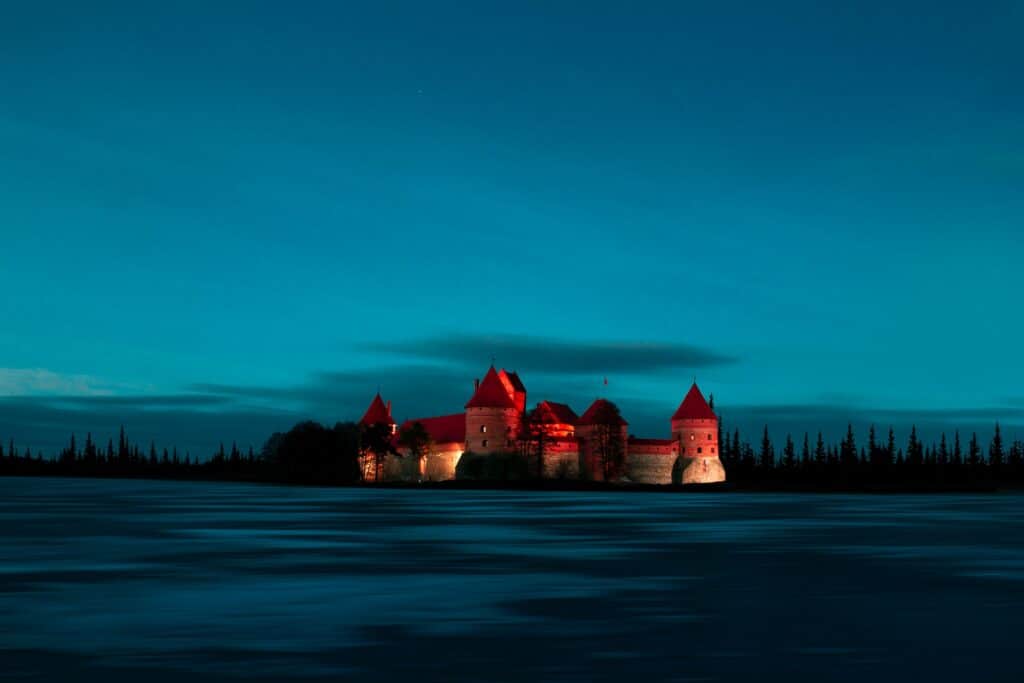 A castle seen at night in Lithuania