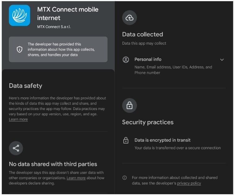 MTX Connect App Data Safety. 