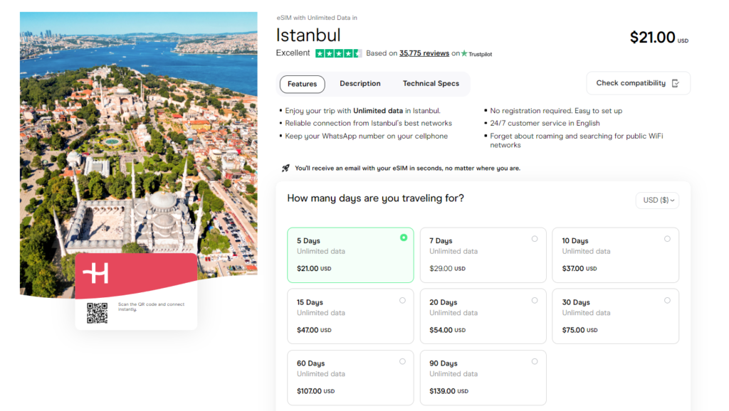 Unlimited data eSIM for Istanbul