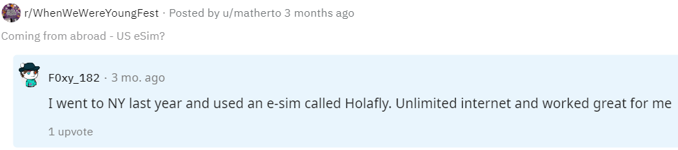 Customer comment about Holafly on Reddit