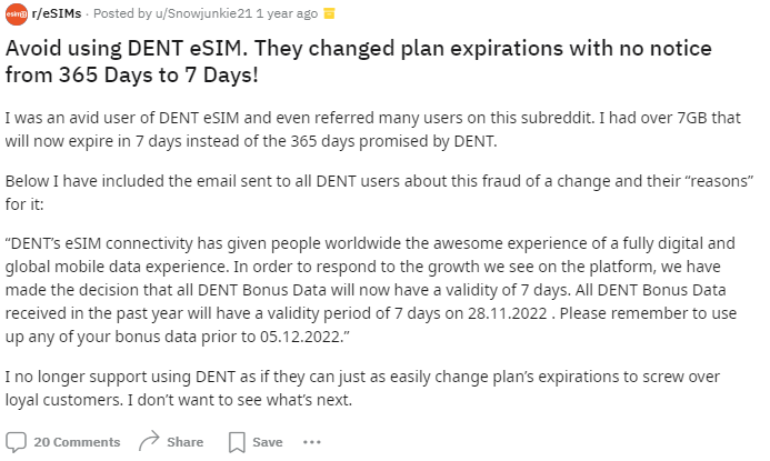 Customer review after their experience with DENT eSIM