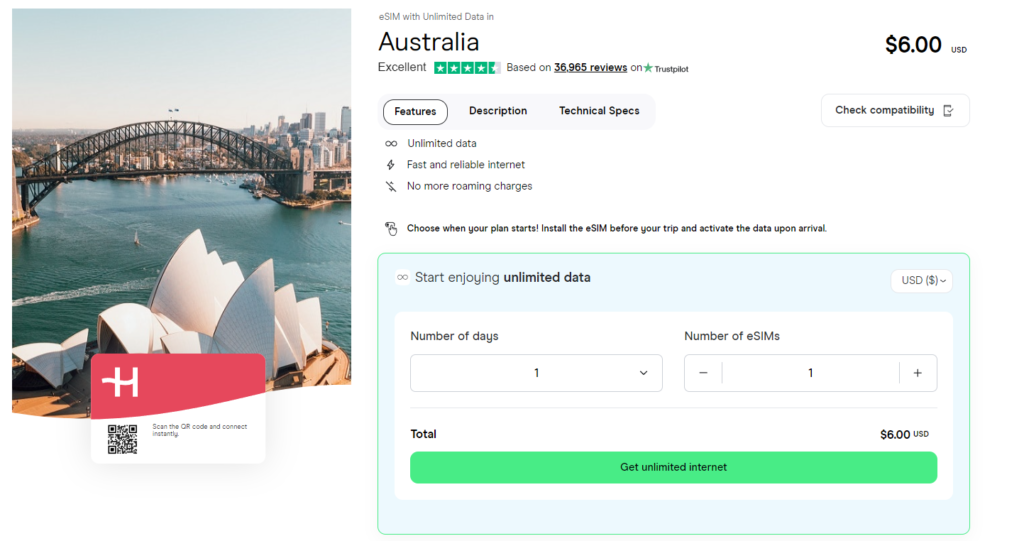 Unlimited data eSIM for Australia