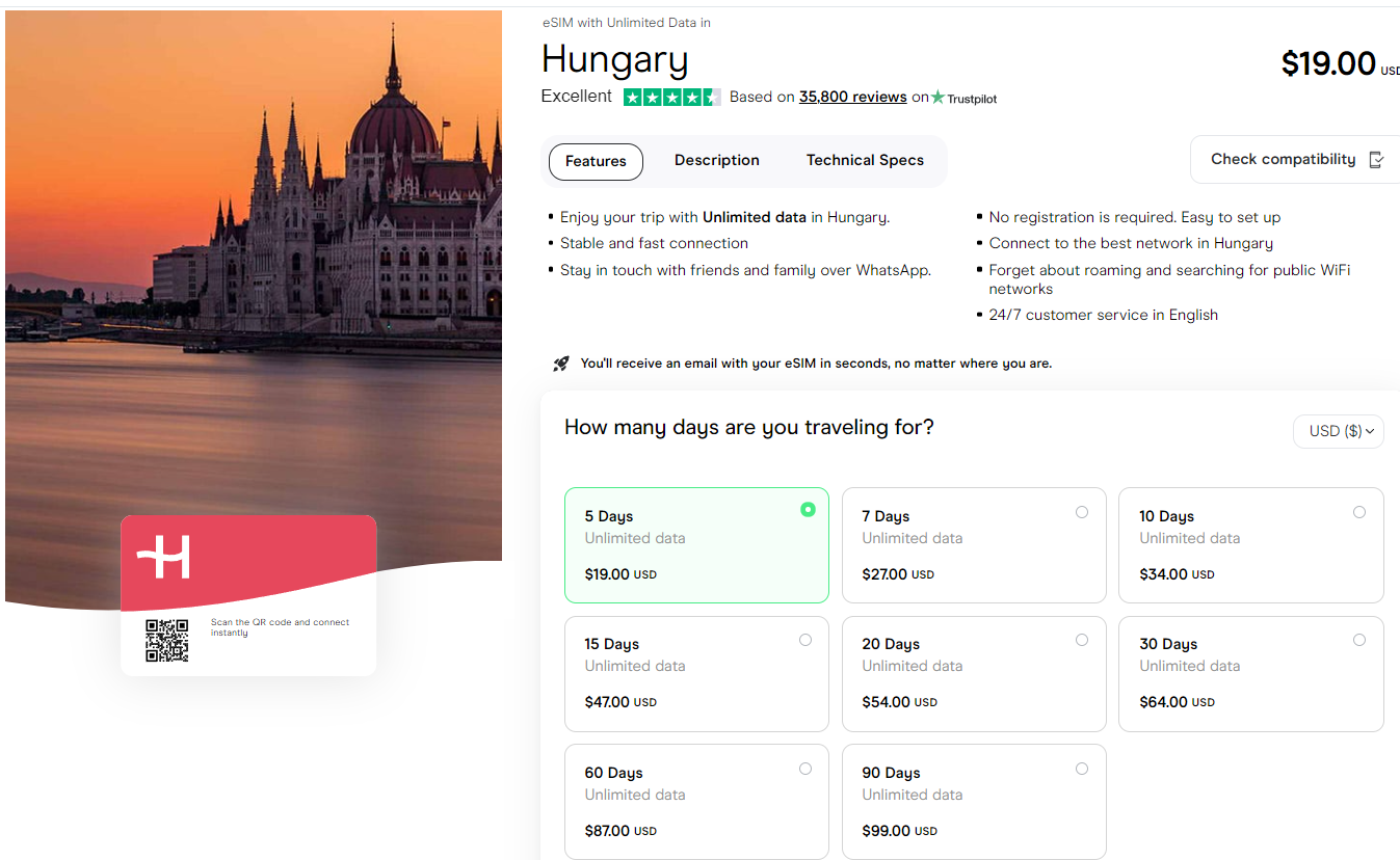 Unlimited data eSIM for Hungary