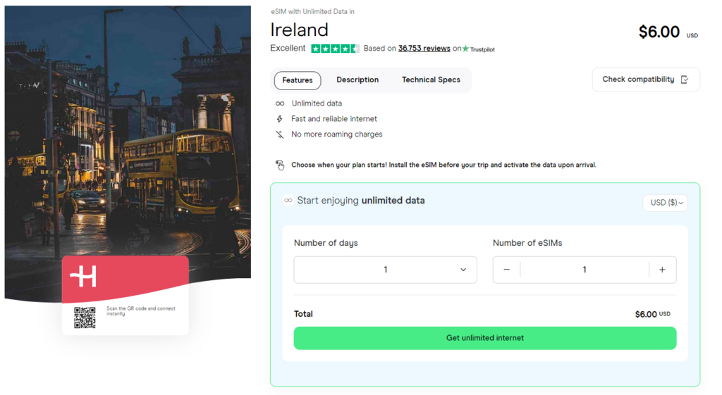 Unlimited data eSIM for Ireland
