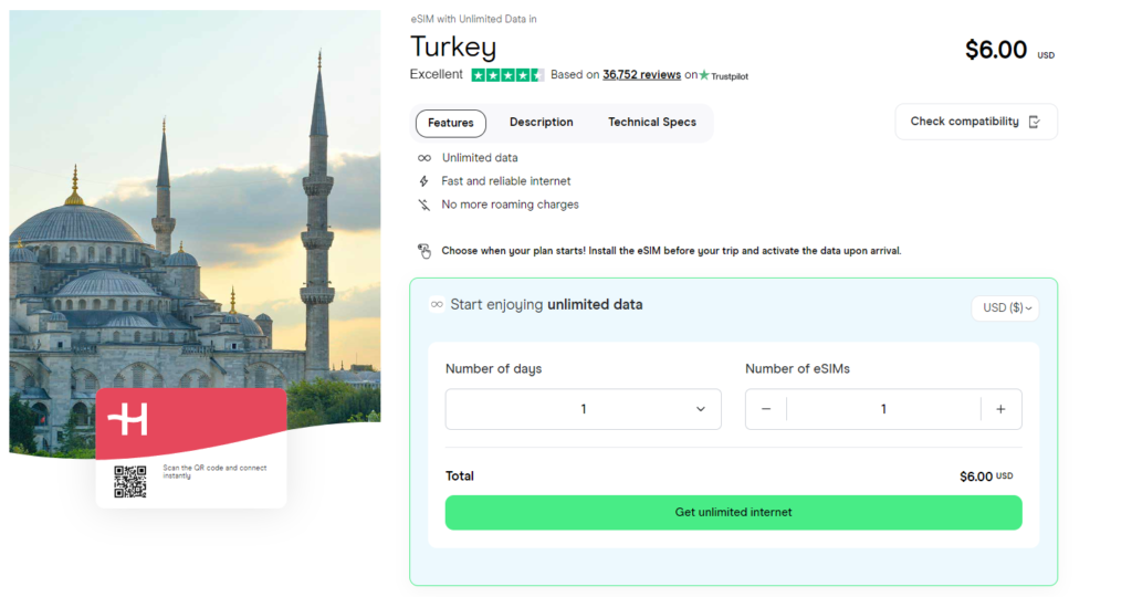 Unlimited data eSIM for Turkey