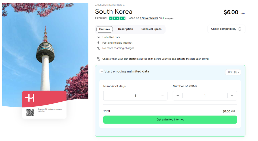 Unlimited data eSIM for South Korea
